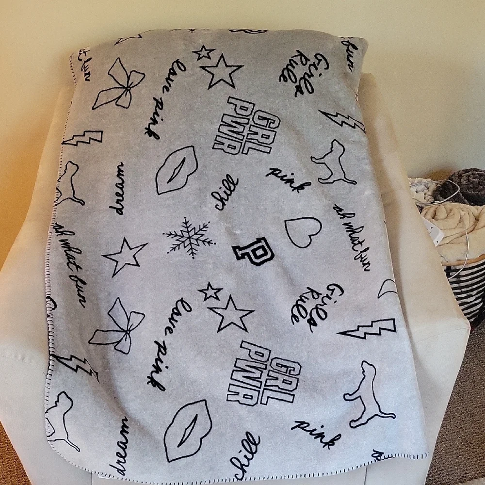 PINK Victoria's Secret Gray Blanket with Black Accents - Picture 1 of 4